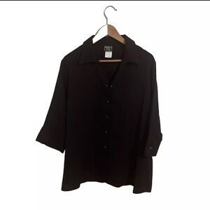 Southern Lady Button Up Shirt 2X Black Solid Roll Tab Sleeve Slit Collared